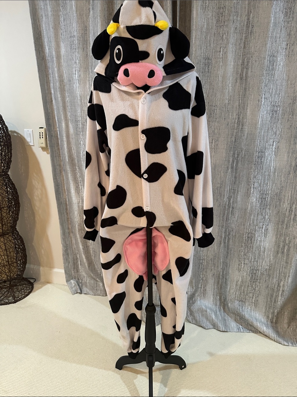 Cow Print Hooded Onesie for Men - Black & White with Pink Accent
